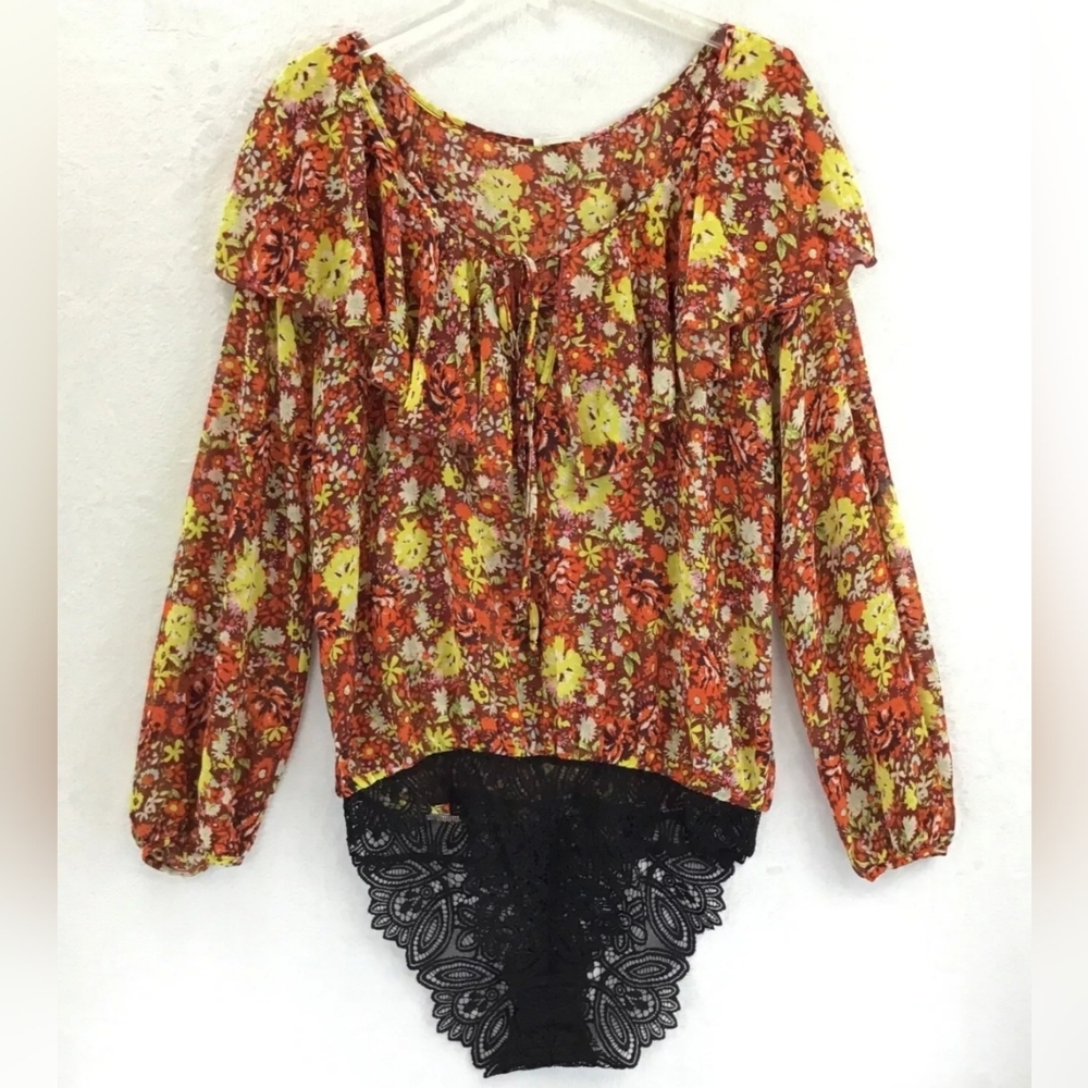 Free People Say It To Me Flutter Sleeve Bodysuit Flowy Boho Red Sienna SZ Large - Picture 11 of 16